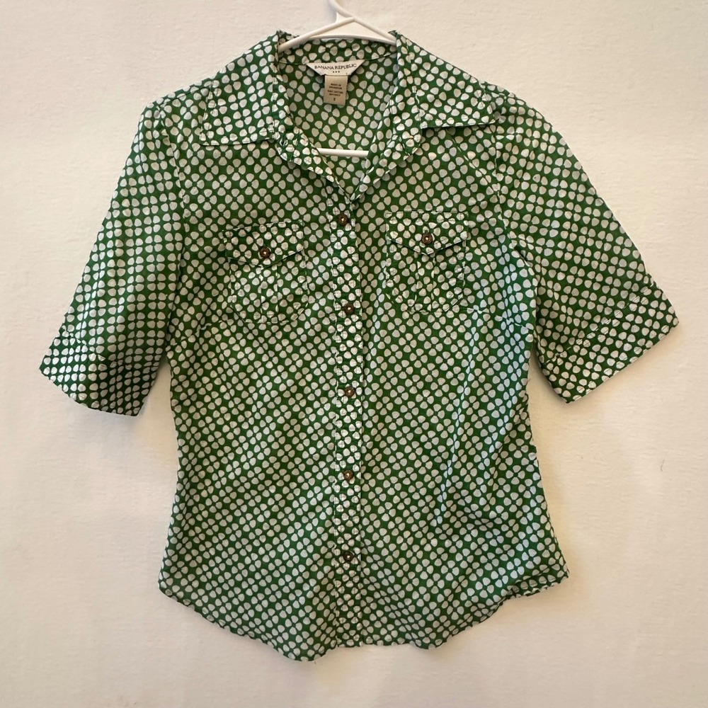 Banana Republic Womens Small Green White Floral Geometric Cotton Button Up Shirt